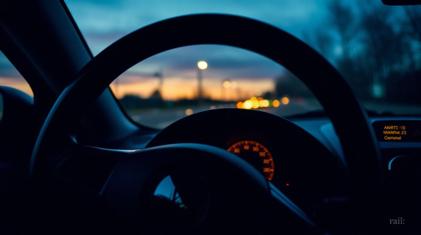 Blick über das Lenkrad eines Autos in der Dämmerung – Cannabis am Steuer und MPU-Grenzwert